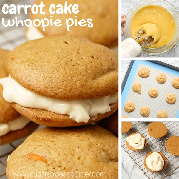 How to make Carrot Cake whoopie pies - two soft carrot cake cookies sandwiched together with cream cheese frosting