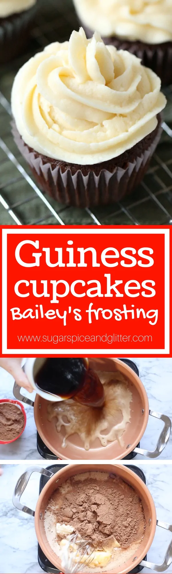 How to make Chocolate Guinness Cupcakes with Bailey's Irish Cream Frosting - a boozy cupcake recipe that is utterly decadent with a rich chocolate flavor and velvety frosting