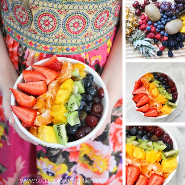 A healthy rainbow fruit salad recipe kids can make! Perfect for a healthy St Patrick's Day breakfast or snack, or just a colorful way to get kids to eat fruit