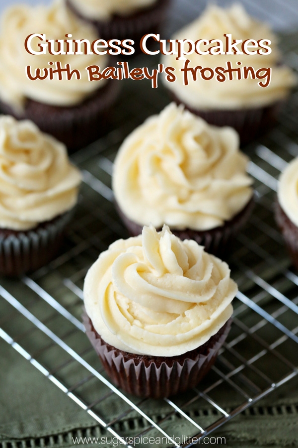 Decadent Guinness Chocolate Cupcakes with rich and velvety Bailey's Frosting, a fun boozy dessert recipe for Christmas or St Patrick's Day