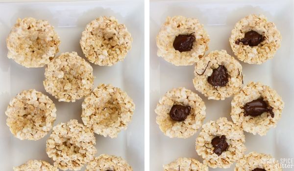 in-process images of how to make mini egg rice krispie nests