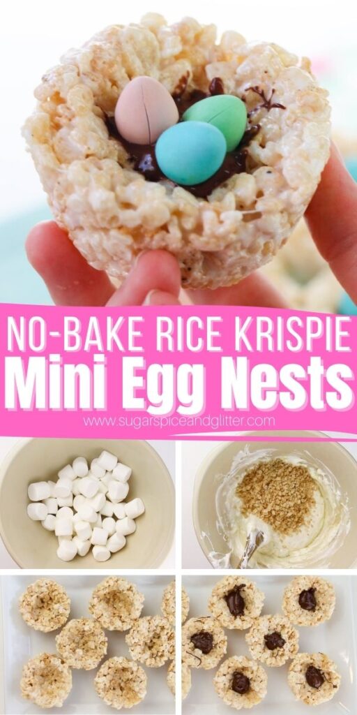 A fun no-bake Easter dessert for kids - Mini Egg Rice Krispie Nests are a fun classroom Easter treat or Easter party recipe