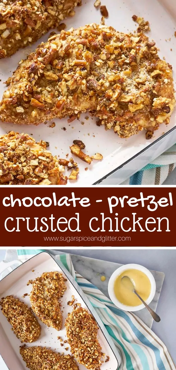 Cocoa is the secret ingredient to this addictive crunchy chicken recipe which can be made gluten-free if you want! Pretzels help give this recipe a real crunch