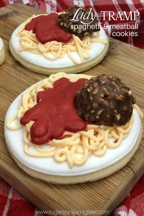 Super cute Lady and the Tramp-inspired Spaghetti and Meatballs cookies for a Disney movie night (or eat them while watching Cloud with a Chance of Meatballs)