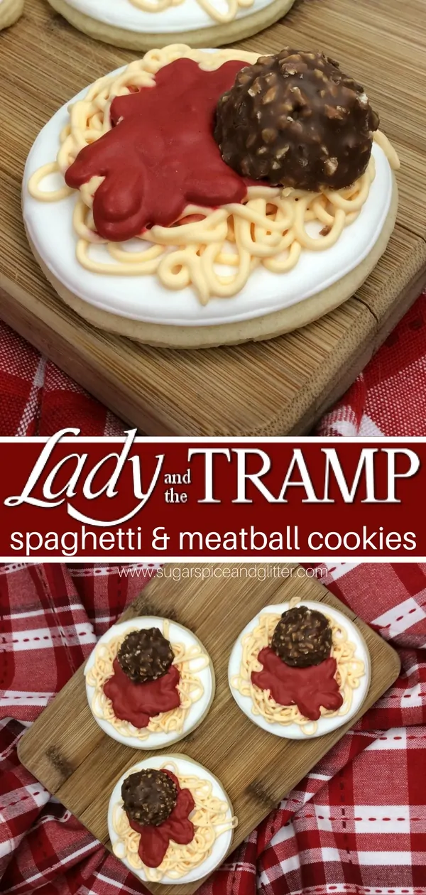A fun Disney-inspired recipe for pasta night, these Spaghetti & Meatball Cookies with Ferraro Rocher "meatballs" are so cute and easy to make - kids can help make them!