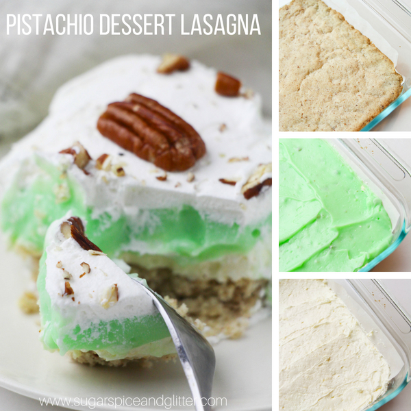 A delicious dessert lasagna recipe, this Pistachio Layered Dessert is a fun summer dessert made with pistachio pudding and a homemade butter pecan crust.