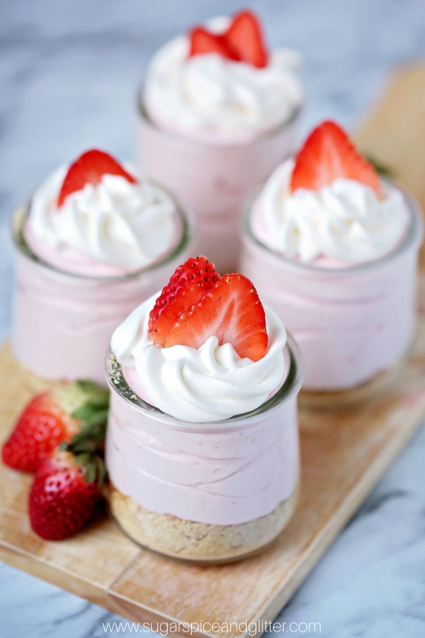 Delicious no-bake strawberry cheesecakes are a simple summer dessert that kids can help make!