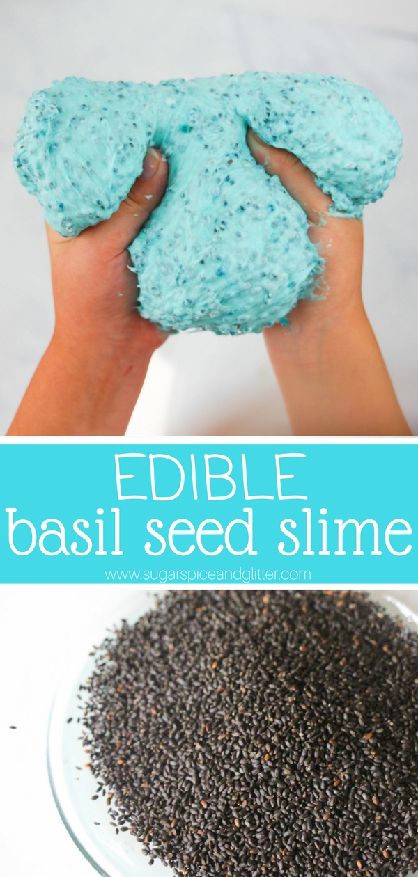 Amazing edible fluffy slime made with basil seeds! This safe slime is less messy than other slimes and has a thick, bumpy texture kids love