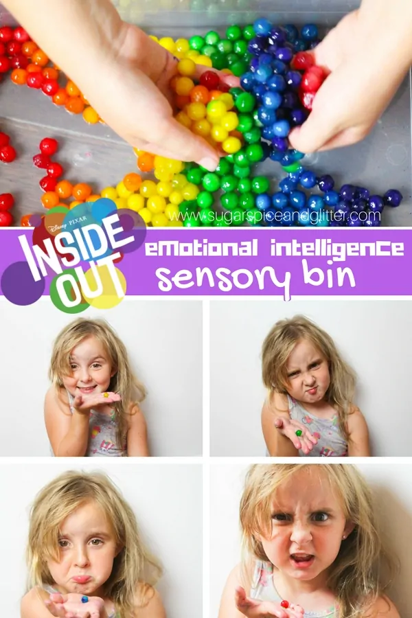 A fun way to get kids talking about and understanding their emotions - this Emotional Intelligence Sensory Bin is a great activity to try after watching Disney's Inside Out