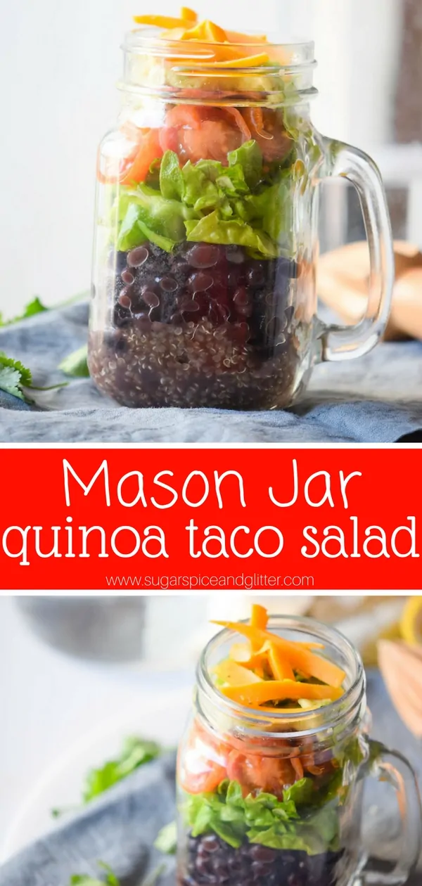 Skip the shell and the meat with this delicious Mason Jar Taco Salad with protein-rich quinoa. A delicious salad recipe that helps you get 4 of your daily vegetable servings