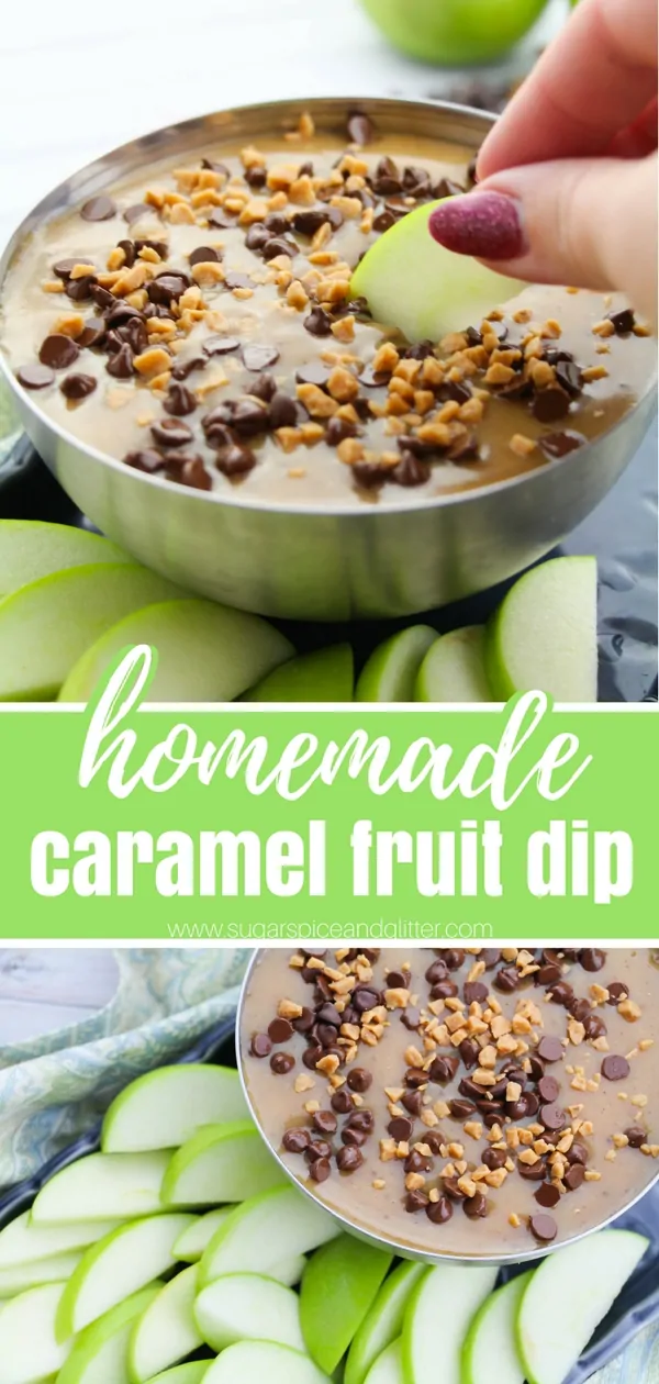 Homemade caramel fruit dip is super easy, decadent and guaranteed to increase your fruit intake! A delicious dip for parties using just 5 ingredients - plus a method for making caramel without corn syrup