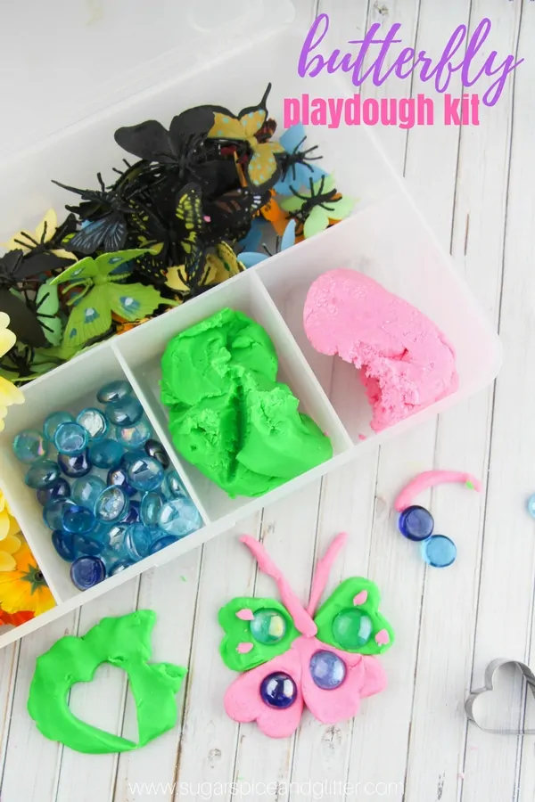 A homemade butterfly play dough kit is a gorgeous gift idea or a fun way to engage in some spring sensory play with your kids