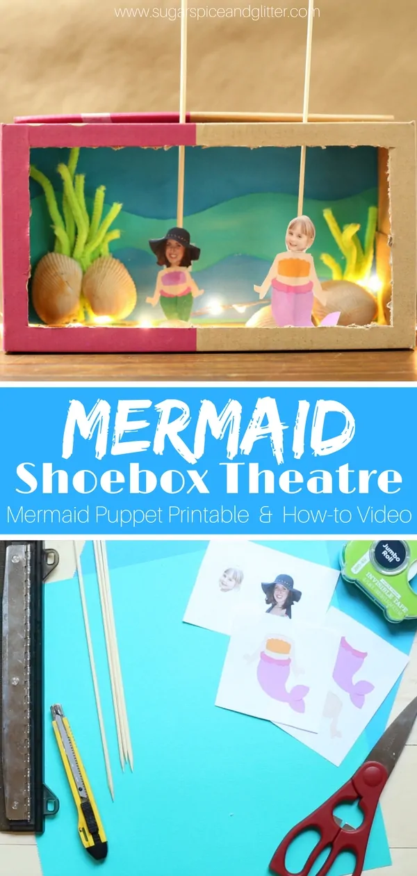 This whimsical mermaid shoebox puppet theatre is a fun homemade toy for the mermaid-obsessed kid, and a great summer craft. We also have a craft video for this mermaid craft to walk you through every step of the way and a Mermaid Printable!