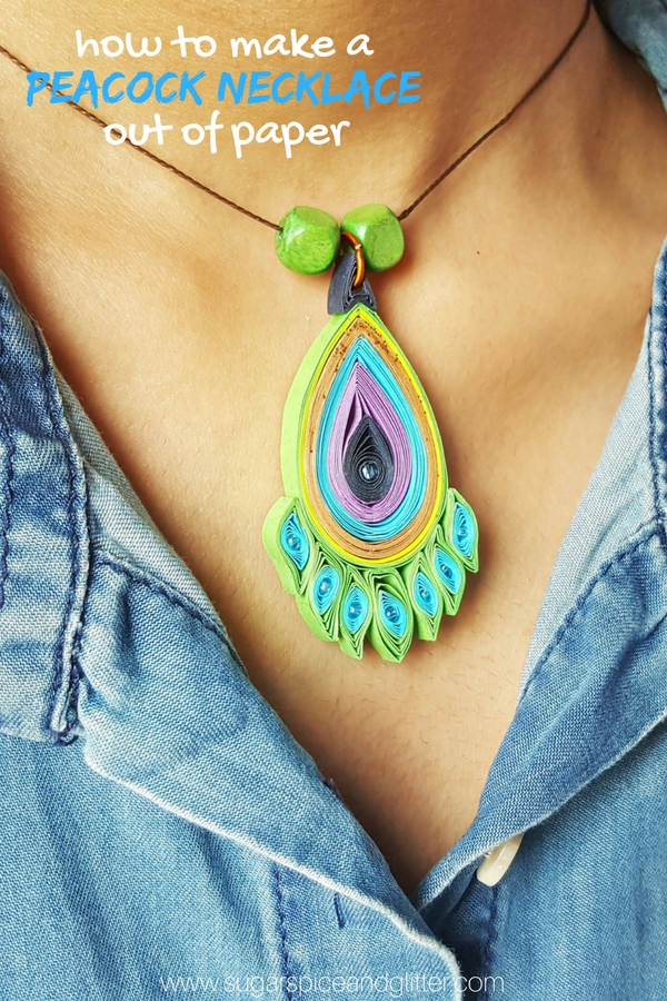 DIY Paper Quilling Craft to make a homemade peacock necklace pendant - an easy first paper quilling project 