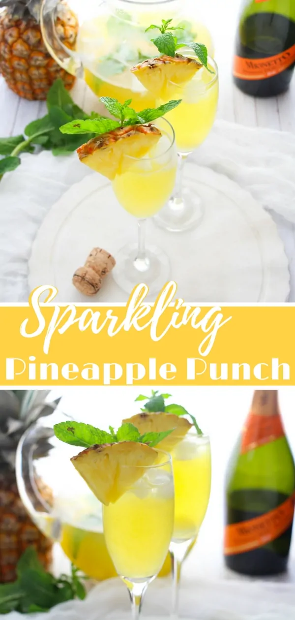 Sparkling Pineapple Punch is a fun brunch cocktail with fresh pineapple and mango juices spiked with prosecco and rum