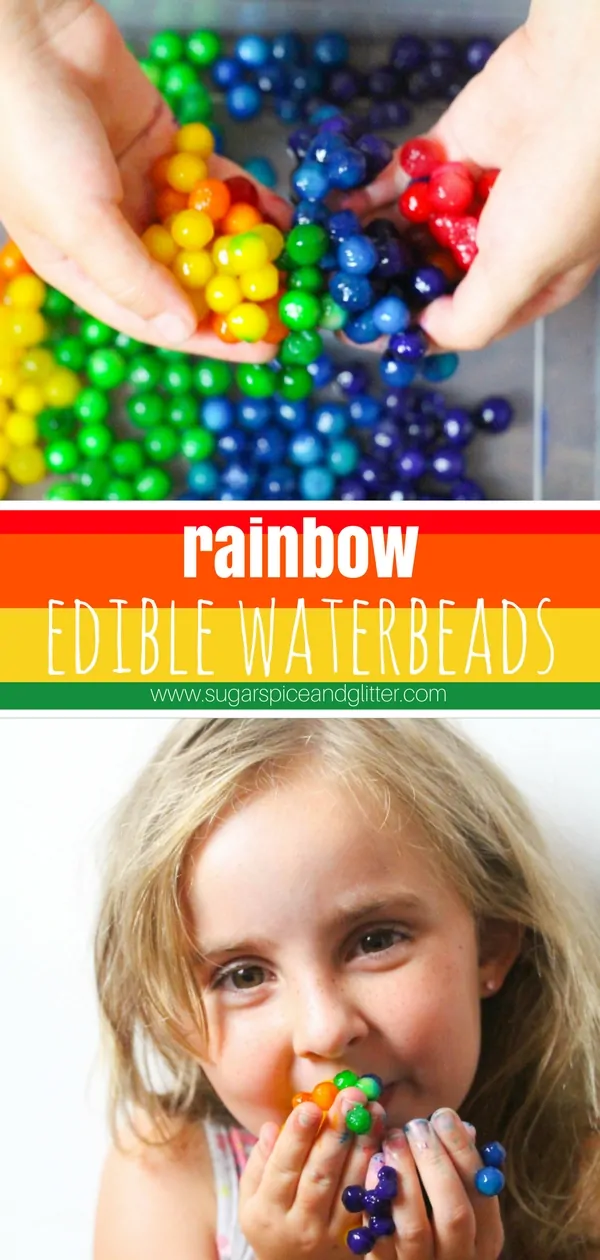 A quick and easy method for making DIY Edible Waterbeads for safe sensory play. These waterbeads are completely edible and can be made in bright rainbow colors - perfect for toddlers who may still be tasting everything!