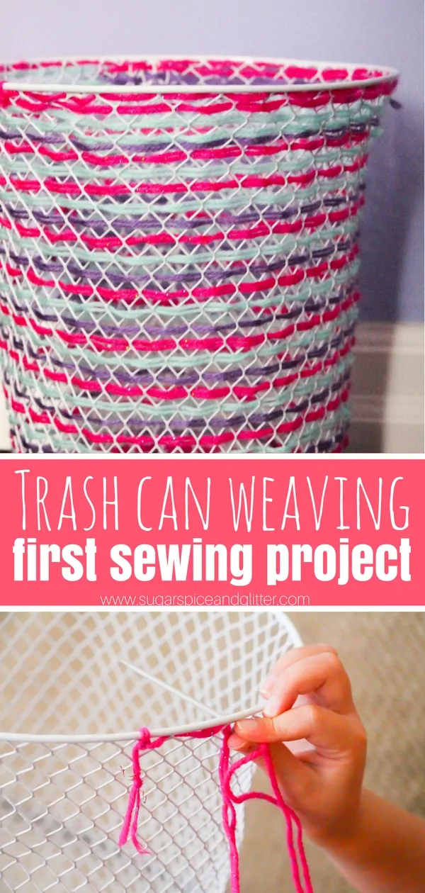 A fun and practical first sewing project, this woven trash can is a cute DIY decor idea kids can do while building sewing skills and fine motor skills
