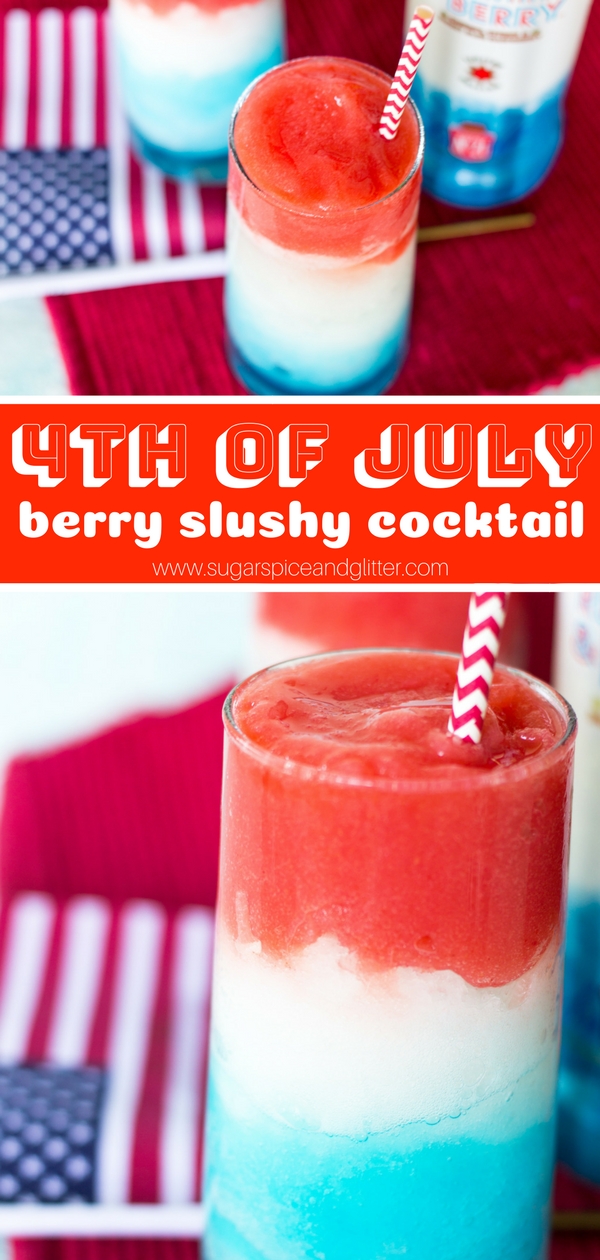 An easy Berry Slushy Cocktail perfect for a 4th of July party - this Red White and Blue recipe is the perfect drink to toast the 4th of July with!