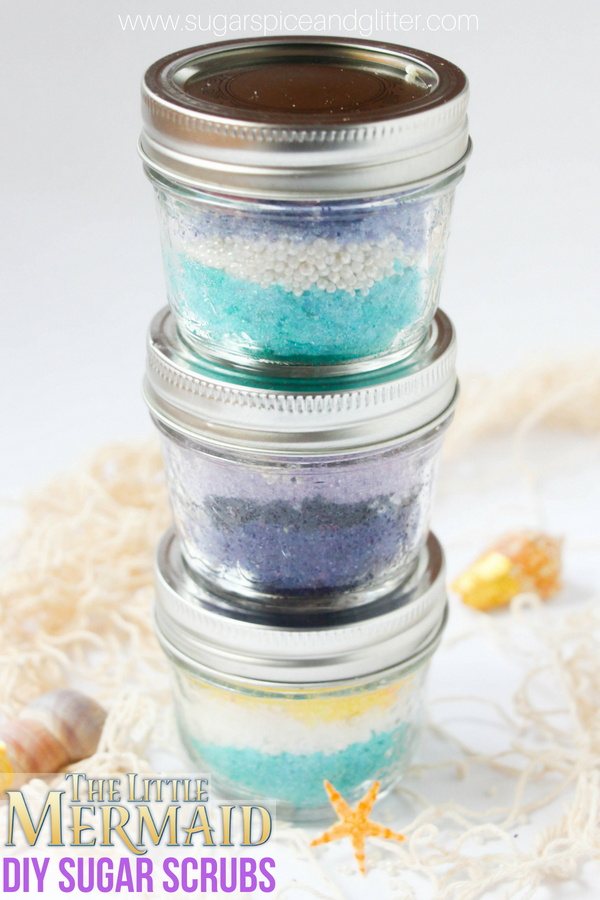 A cute Disney DIY Gift idea, these Little Mermaid-inspired Sugar Scrubs come in three fun themes: Ariel, Flounder and Ursula, each with their own unique scent. Slough off dead skin and prevent ingrown hairs, while keeping skin soft and moisturized