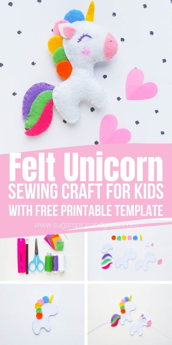 A cute unicorn craft for kids, this unicorn felt sewing project is perfect for kids or beginning sewers