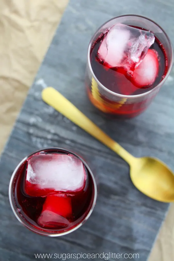 Herbal Iced Tea made with hibiscus flowers, raspberries, and maple syrup