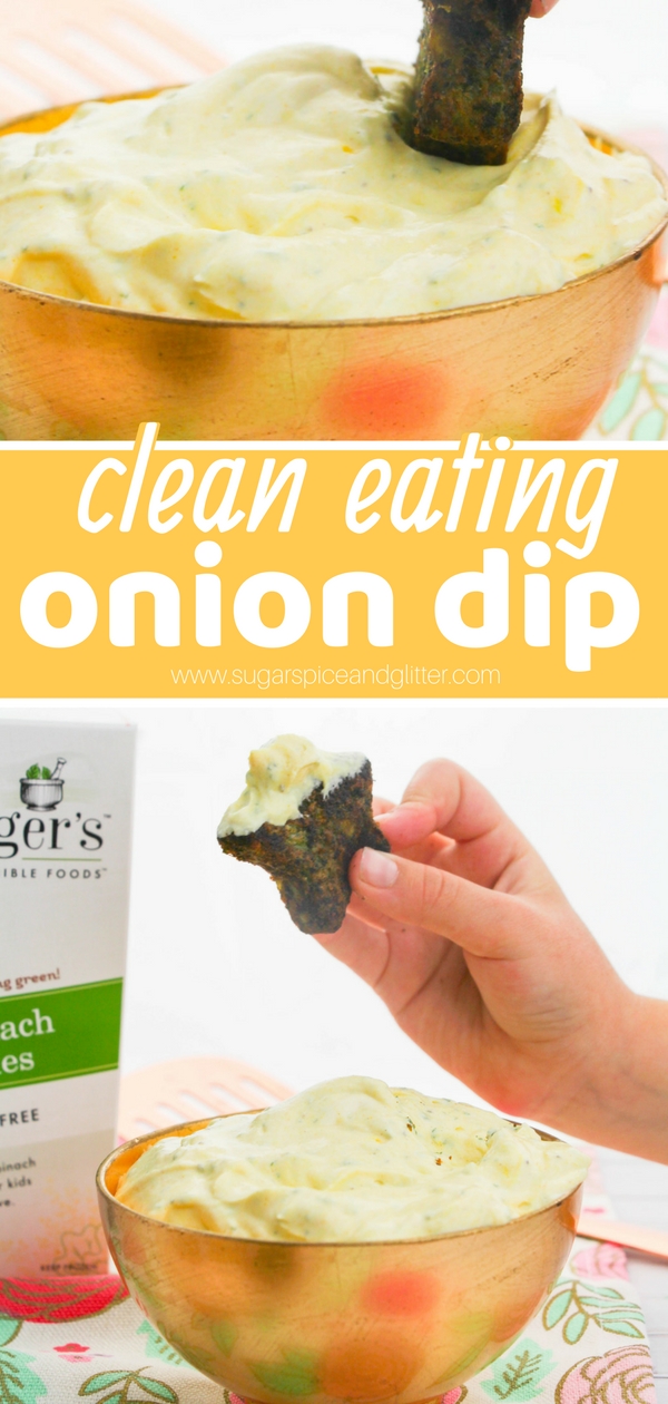 This Healthy Onion Dip recipe is the perfect dip for appetizers, chips or veggies. Whip this up in 2 minutes, completely from scratch for a healthy veggie dip your kids will love