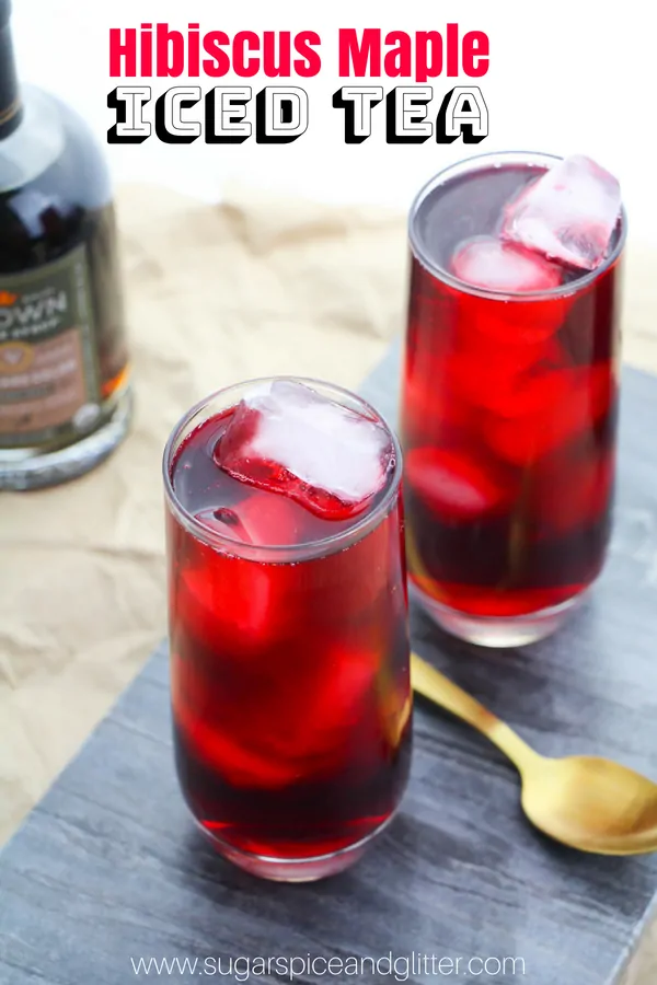 A light and refreshing Herbal Iced Tea, this Hibiscus Iced Tea sweetened with maple syrup and the pretty pink color is a hit with kids