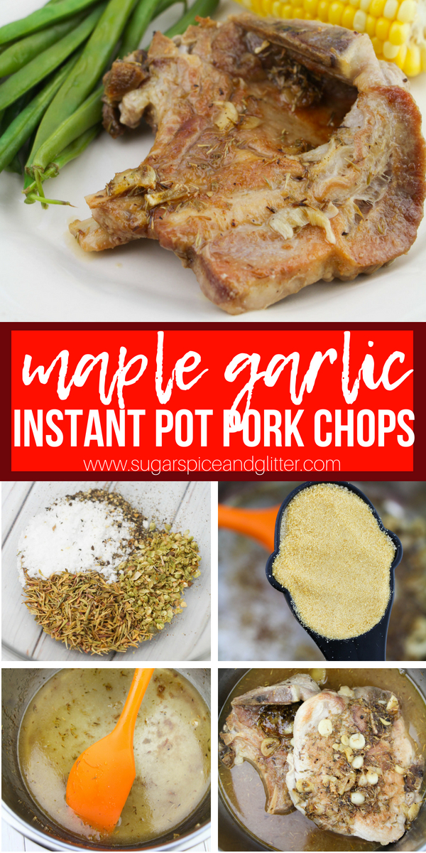 A simple recipe for Juicy Instant Pot Pork Chops - these maple garlic pork chops are incredibly succulent, delicious and ready to eat in less than 20 minutes. Bone-in pork chops are the way to go with Instant Pot cooking!