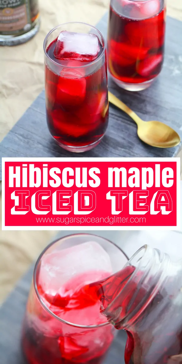 A delicious herbal iced tea recipe, this Maple-sweetened Hibiscus Iced Tea recipe is a unique, refreshing iced tea perfect for hot summer days with a bright pink color that kids love!