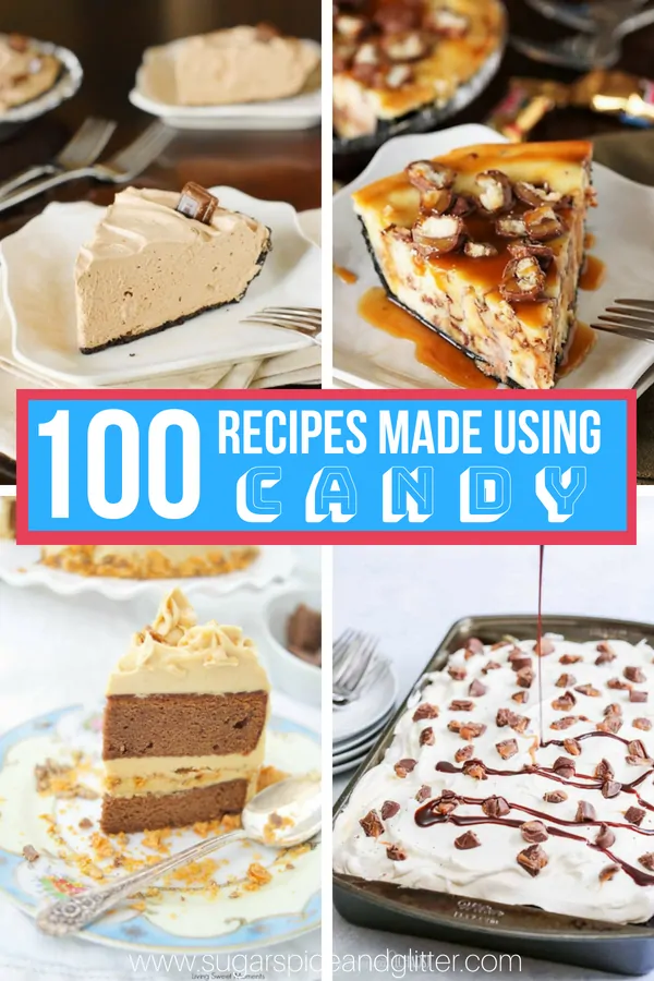 Delicious candy bar and chocolate recipes made using leftover candy - everything from homemade ice creams and no-bake pies, to decadent candy bar cakes and cookies!