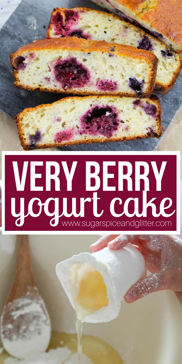 Triple Berry Yogurt Cake - an easy cake recipe with just 5 main ingredients. This loaf cake is a twist on the traditional French yogurt cake which uses a yogurt pot for measuring, making this a super simple recipe for kids to make