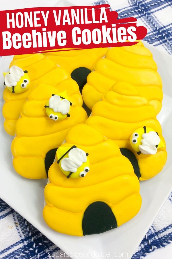 A fun bee-themed cookie recipe for a Bee Party! These tender sugar cookies have a light honey-vanilla flavor and are super simple to make. You can make the bee decorations from scratch or purchase them to make it even easier