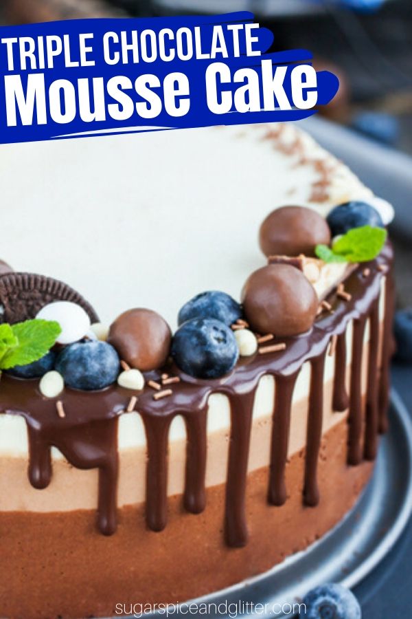 A step-by-step tutorial on how to make a chocolate mousse cake. This triple chocolate mousse cake has a flourless chocolate cake base and three layers of no-bake chocolate mousse for the ultimate decadent dessert