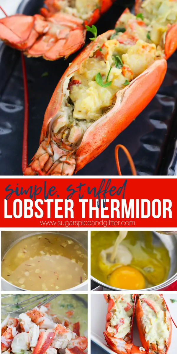 A simple stuffed, baked lobster recipe inspired by the French classic Lobster Thermidor. This creamy, decadent lobster recipe is perfect for special occasion suppers