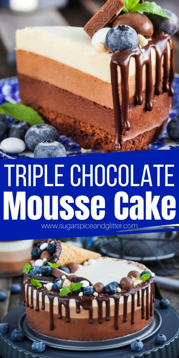 A step-by-step tutorial on how to make a chocolate mousse cake. This triple chocolate mousse cake has a flourless chocolate cake base and three layers of no-bake chocolate mousse for the ultimate decadent dessert