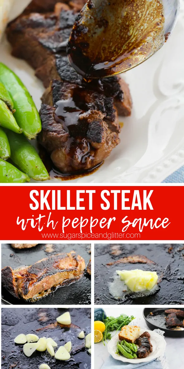 Steakhouse-style Steak made with a cast-iron skillet in less than 10 minutes and topped with a lick-the-spoon good pepper sauce.