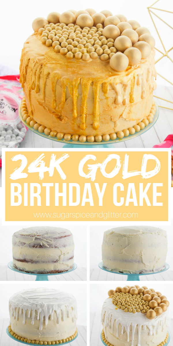 This DIY Gold Birthday Cake is super easy to make and features a chocolate drip edge, bright gold color, and fun edible golden gumballs