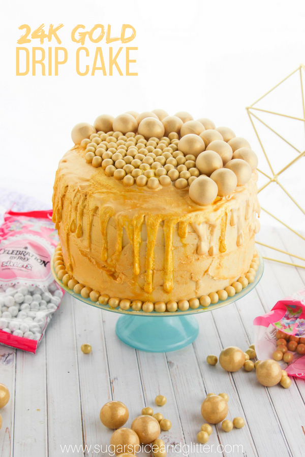 A fun DIY Gold Birthday Cake with a dramatic drip effect. The edible gold gumballs add a bubbly champagne effect to this pretty celebration cake