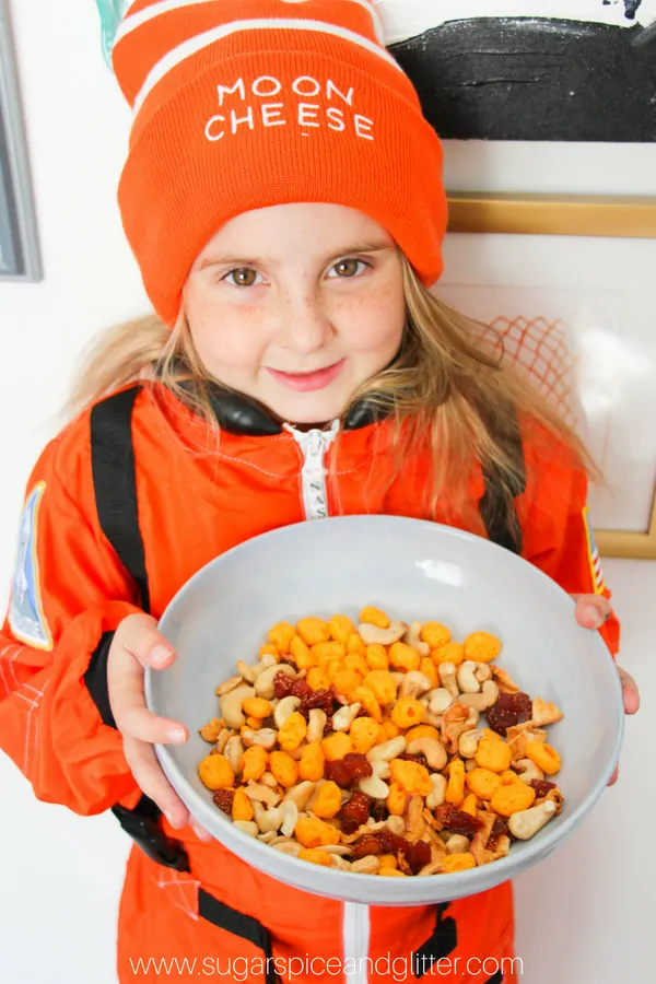 Ella loves her protein-packed Astronaut Trail Mix with Moon Cheese, cashews, dehydrated strawberries and apple chips