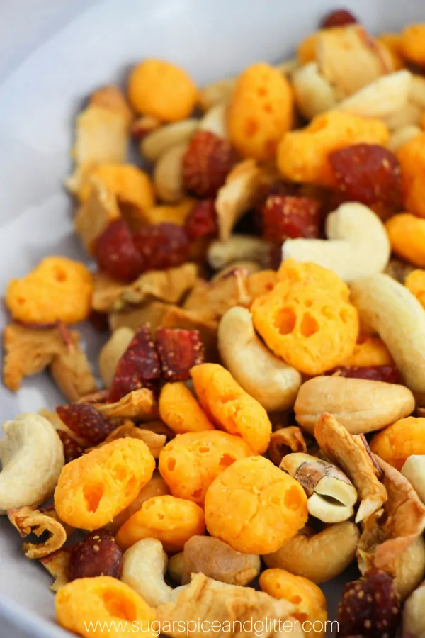 Dehydrated cheese is the secret behind this Moon Cheese Trail Mix, a healthy and satisfying trail mix for kids or adults. A Protein-packed snack for hikes or afternoon snacks