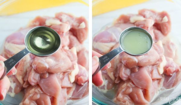 in-process images showing how to make sumac chicken kebabs