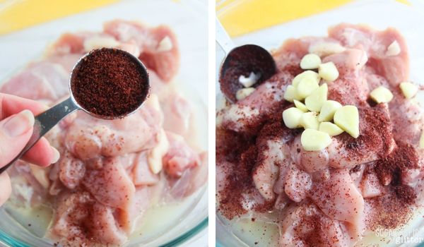 in-process images showing how to make sumac chicken kebabs