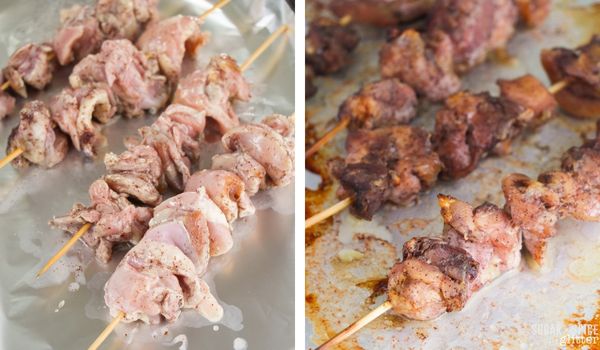 in-process images showing how to make sumac chicken kebabs