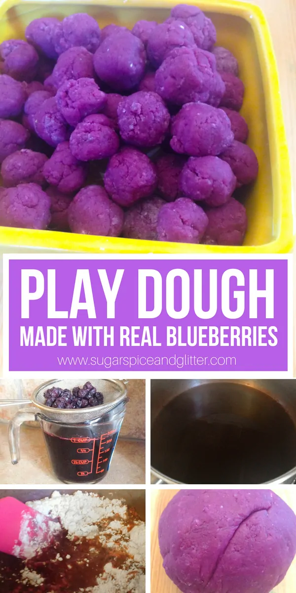 How to make natural play dough with real blueberries! This play dough smells delicious and is perfect for playing bakery. There are so many benefits to letting kids play with play dough - sensory, emotional and academic