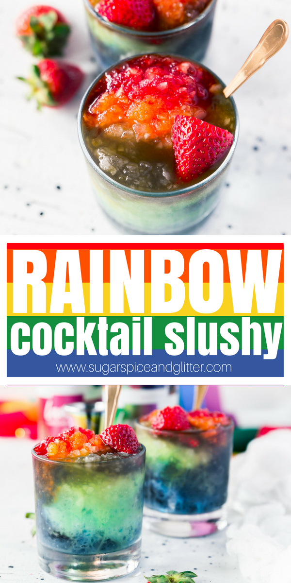 This fresh and fruity RAINBOW cocktail slushy recipe is a fun vodka cocktail to serve for St Patrick's Day or for a special PRIDE cocktail