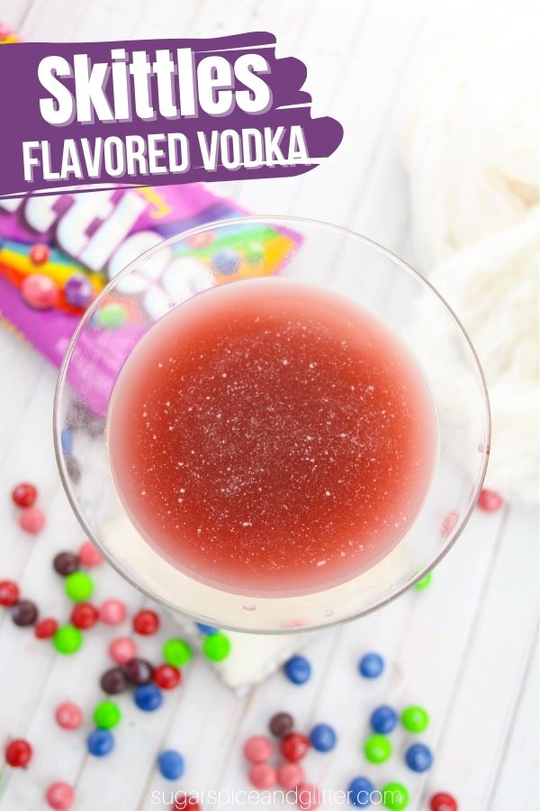 A fun candy-flavored vodka recipe using your favorite flavor of Skittles, this Skittles moonshine is super easy to make and can be enjoyed straight-up or mixed into candy-themed cocktails.