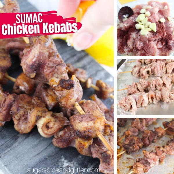 composite image of a lemon being squeezed over sumac chicken kebabs, along with three images showing how to make the recipe