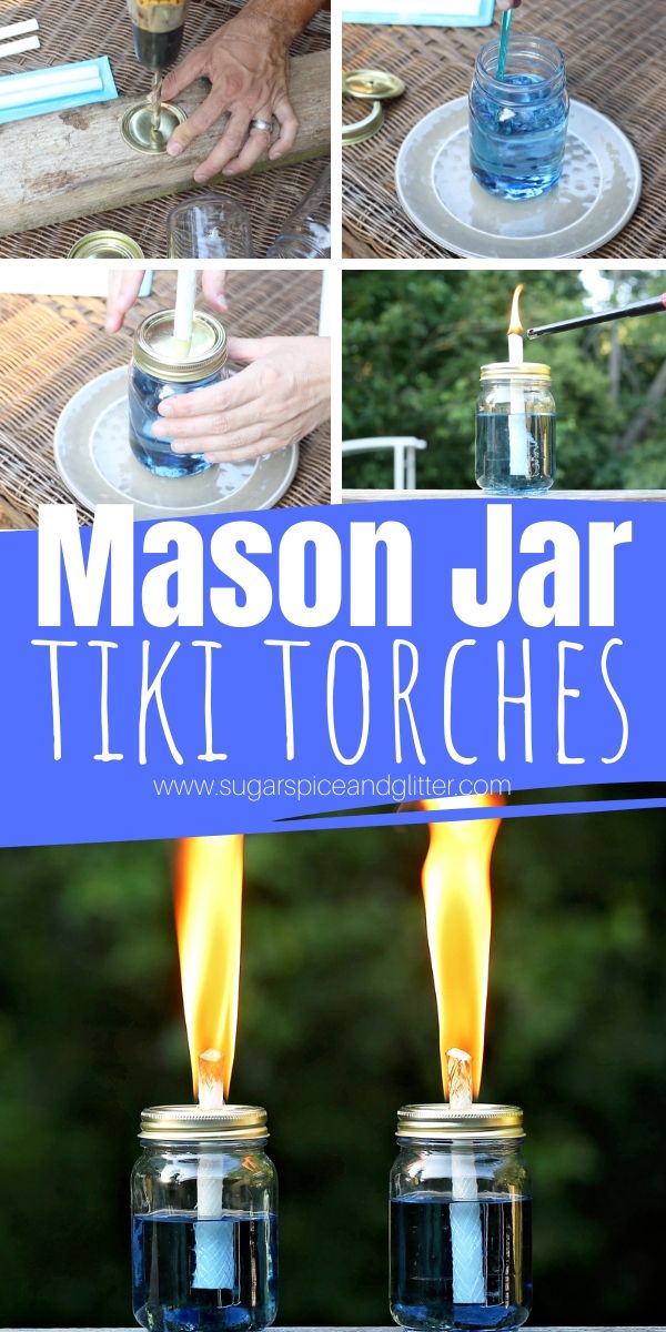 Make mason jar tiki torches that smell like peppermint, lavender or roses - none of that yucky citronella smell! This easy DIY bug repellant will keep the bugs away from your backyard or patio party