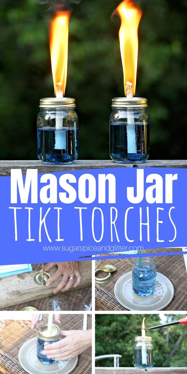 How to make homemade tiki torches with mason jars, coconut oil and essential oils. A simple method for keeping the bugs away from your party