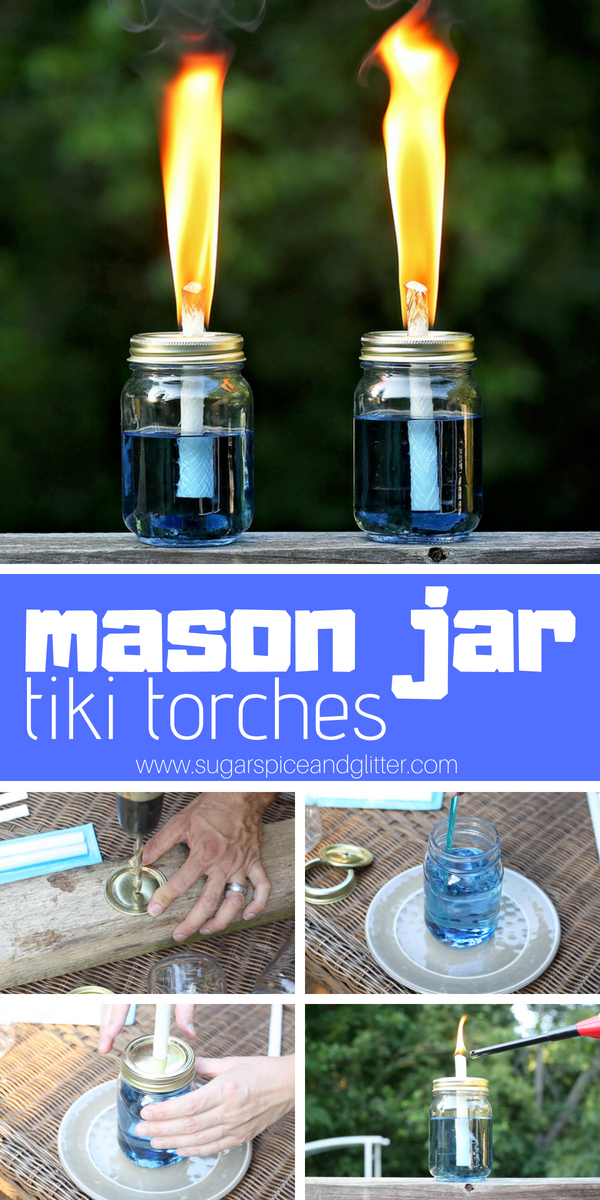 How to make homemade tiki torches with mason jars, coconut oil and essential oils. A simple method for keeping the bugs away from your party